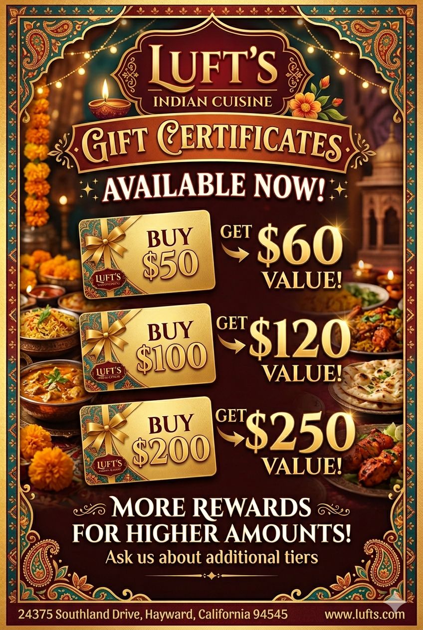 Luft's Indian Cuisine gift certificate promotion