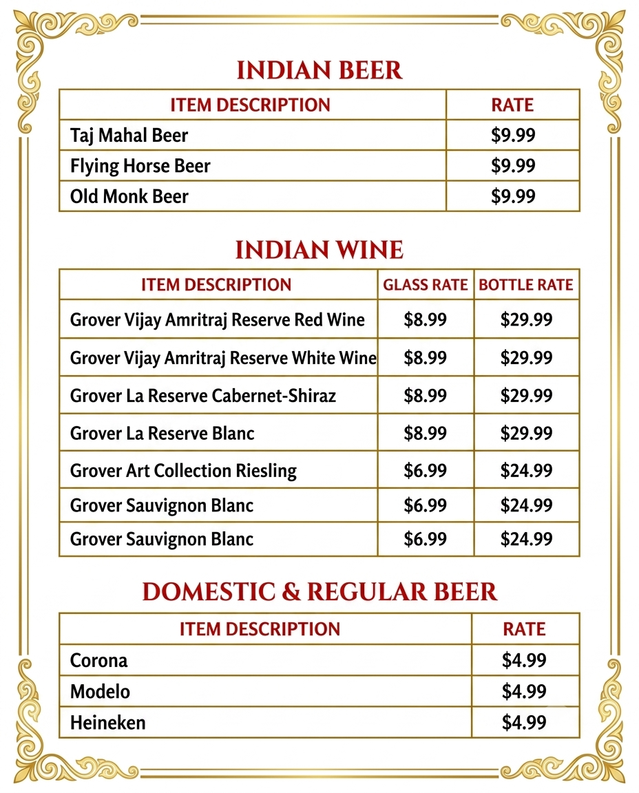 Luft's Indian beer, wine, and domestic beer menu